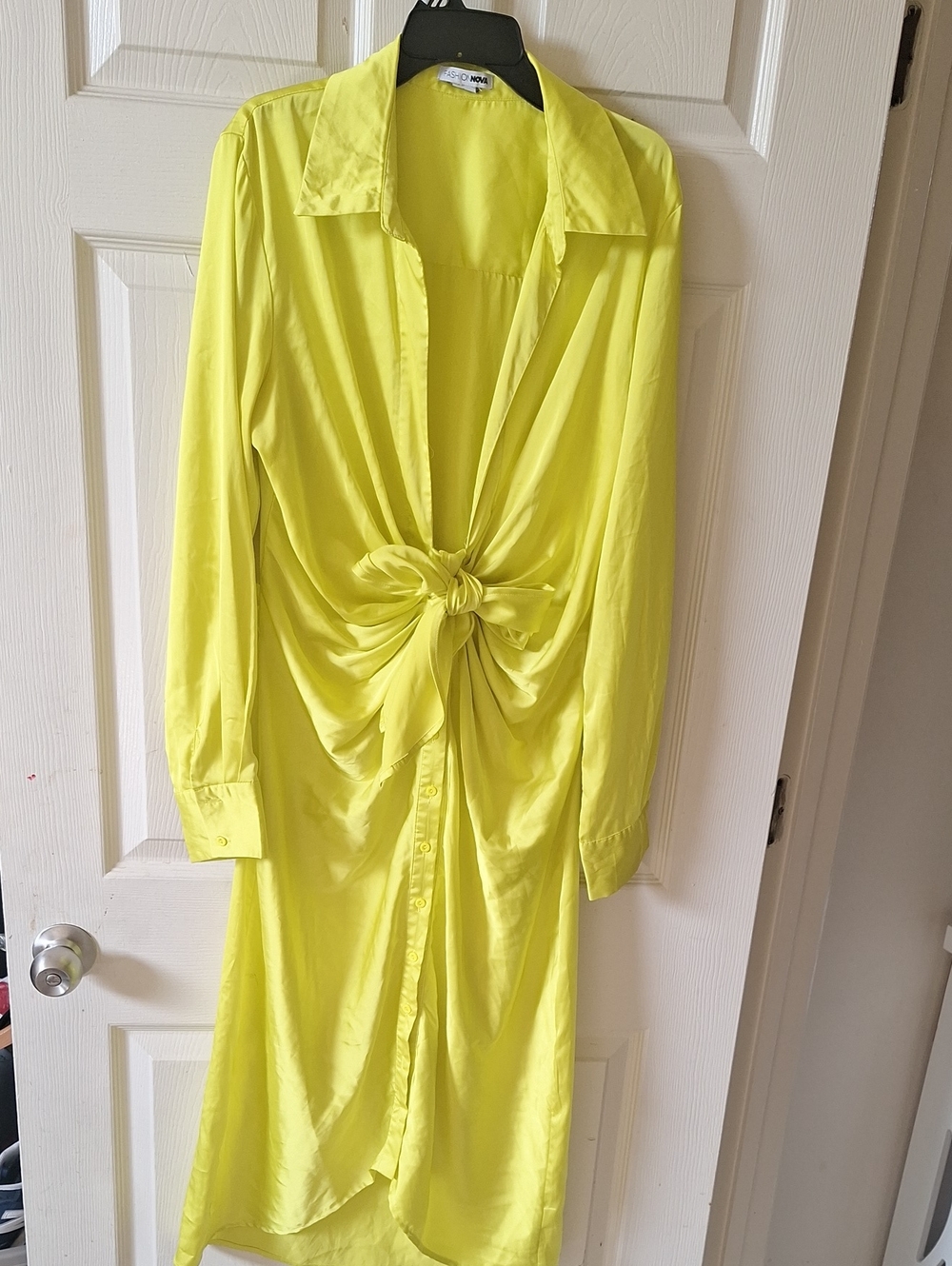 Fashion Nova Tie-Front Long Sleeve Dress in Neon Yellow